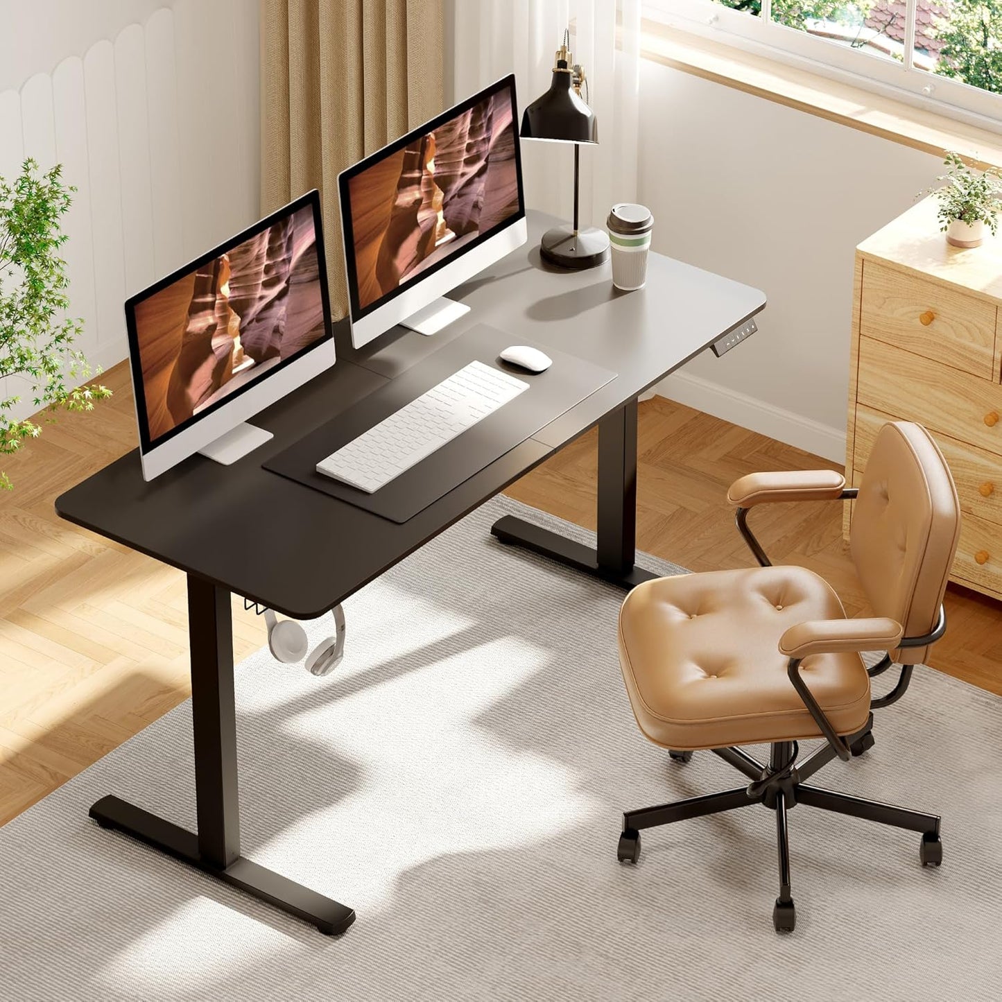 Adjustable Stand Up Desk with Memory Preset, Standing Desks 55 x 24 Inch Electric Home Office Desk Computer Workstation Splice Black Top + Black Frame