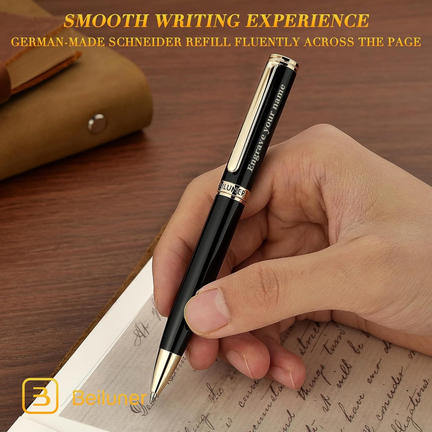 BEILUNER Luxury Personalized Gel Pen with 24K Gold Finish, Black Piano Lacquer, Luxury Grade Craftsmanship, Best Pen Gift Set for Men and Women, Professional, Executive, Office, Retractable Nice Pens