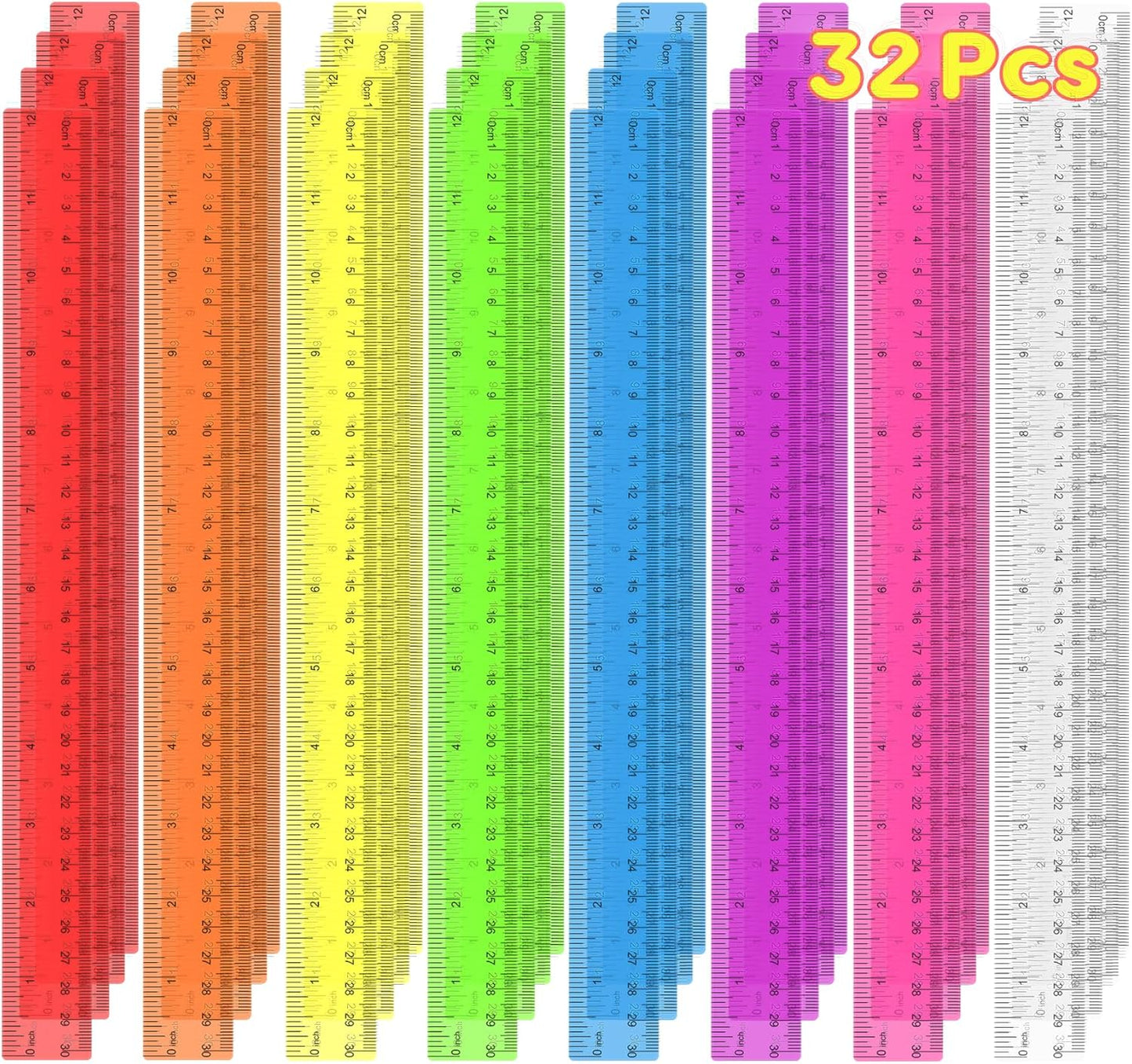 32 Pcs Clear Plastic Ruler 12 Inch, Rulers Bulk for Classroom, Transparent Assorted Color Bulk Rulers with Millimeter and Inches, Kids Ruler for School, Ideal Back to School Office Home Supplies