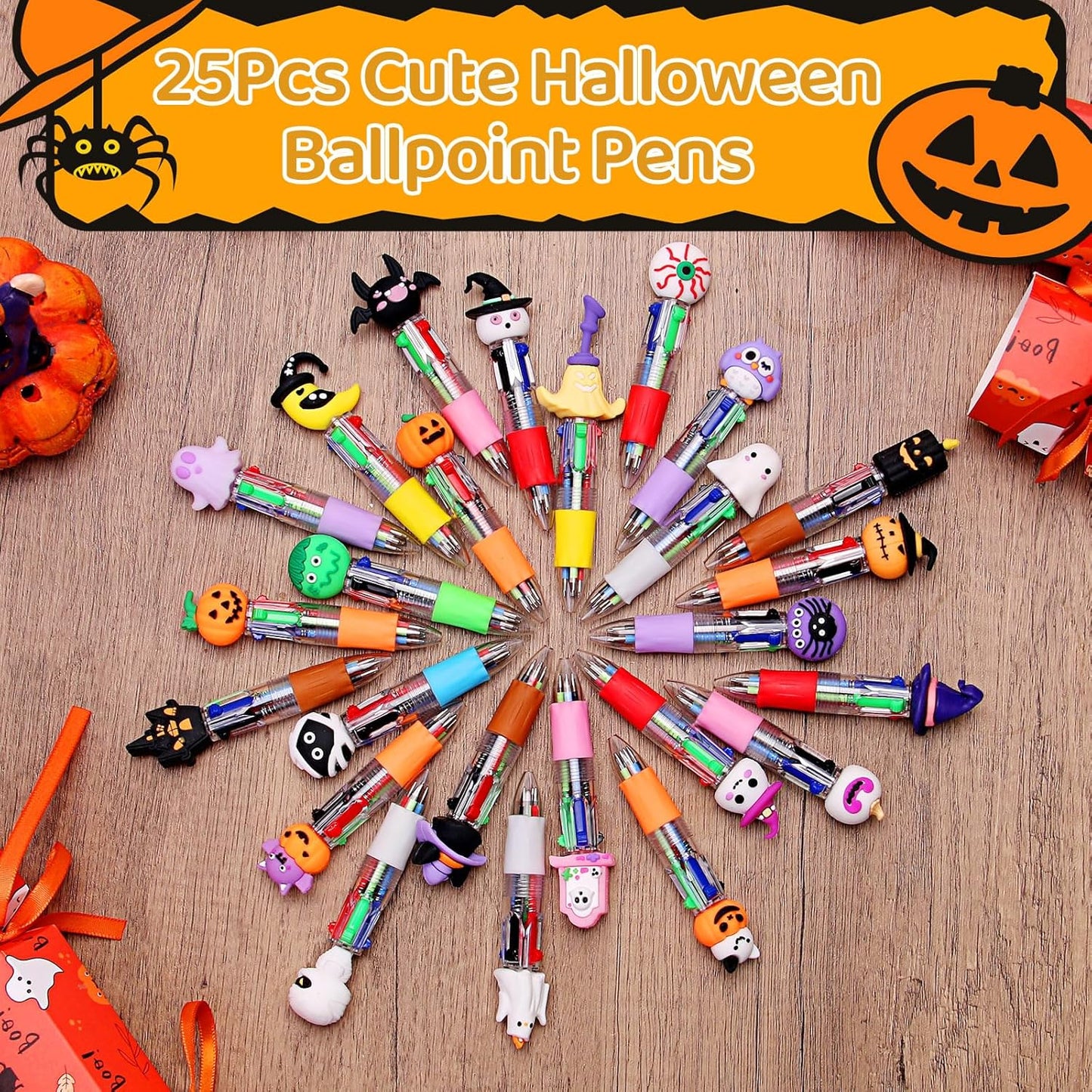 LiYiQ Halloween Colorful Multicolor Pen in One Cartoon Cute Fun 4-in-1 Cute Pens Bulk Kawaii Pumpkin Ghost Bat Shape Cool Ballpoint Pens for Kids Fun Gifts (25)