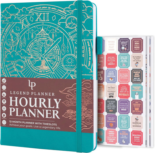 Legend Planner Hourly Schedule Edition – Deluxe Weekly & Daily Organizer with Time Slots. Time Management Appointment Book Journal for Work & Personal Life, Undated, A5 Hardcover – Viridian Green