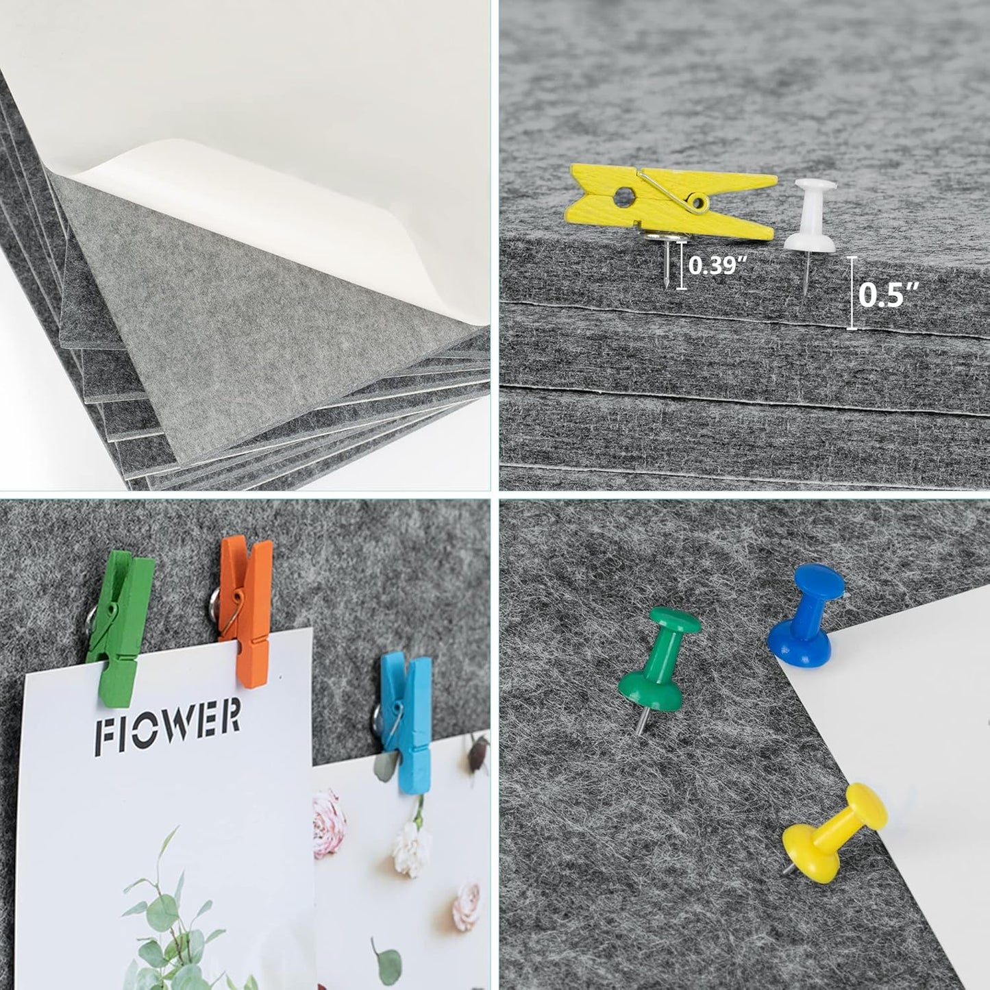 AKTOP Cork Bulletin Board 12x12, 1/2" Thick Felt Cork Board Tiles 9 Pack, Small Square Pin Board for Wall, Self Adhesive Corkboards with 120 Push Pin Wood Clips for School, Home & Office, Grey