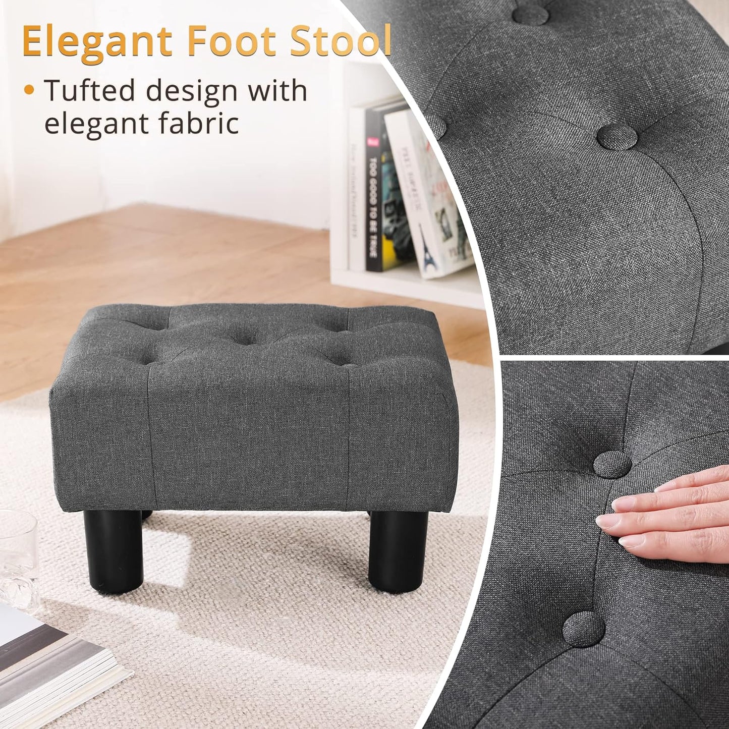 LUE BONA Small Tufted Foot Stool, Fabric Foot Stools Ottoman with Plastic Legs, 9''H, Rectangle Footstool for Adult with Non-Slip Pads, Sofa Foot Rest for Living Room, Couch,Carbon Grey