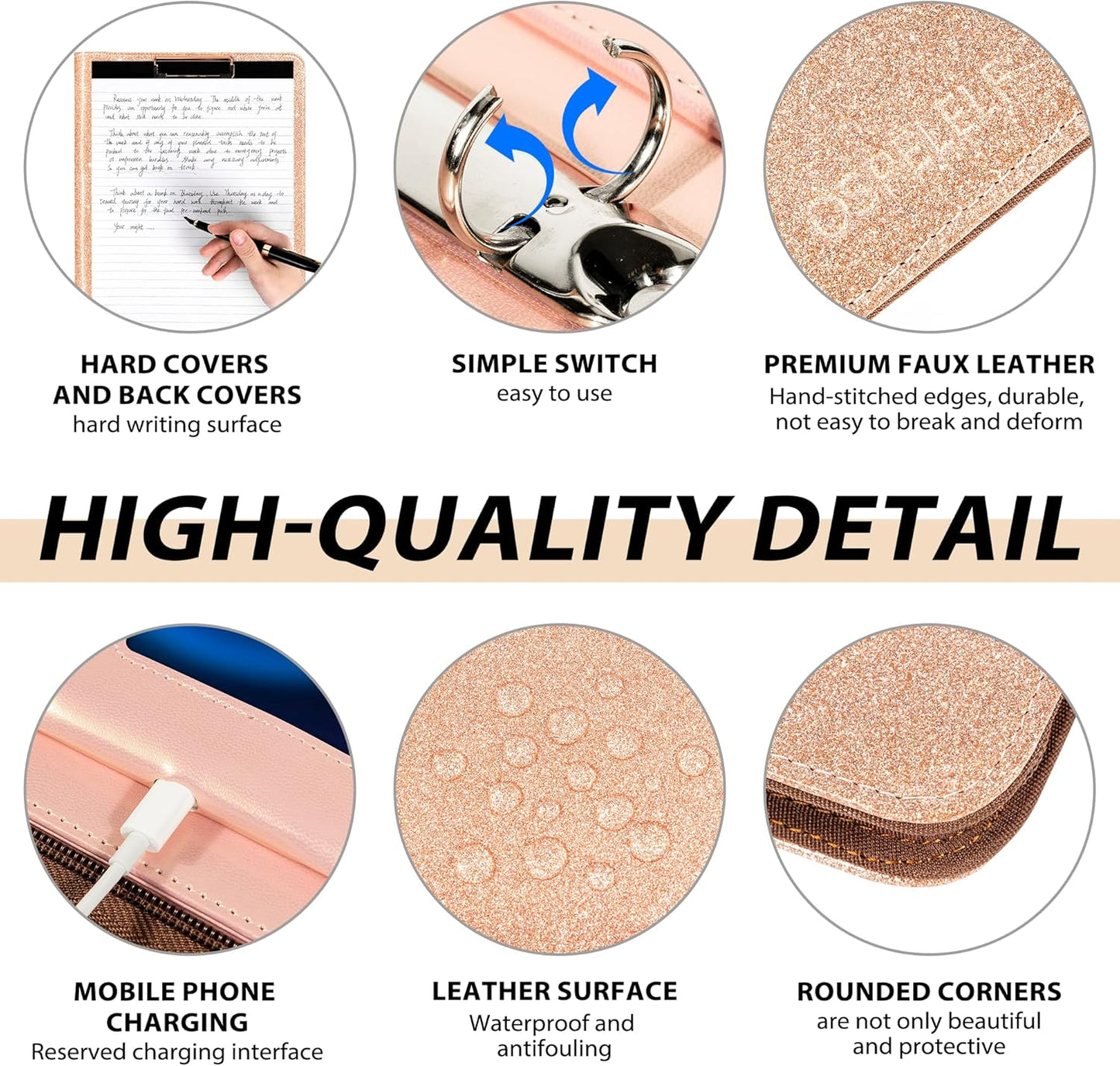 Leather Clipboard with Storage, Zippered Padfolio Portfolio Organizer, 3 Ring Binder 1 Inch, Notepad, Tablet Sleeve, 5 Dividers with Pocket, Stickets for Office, Nurses, Students, Teachers Rose Gold