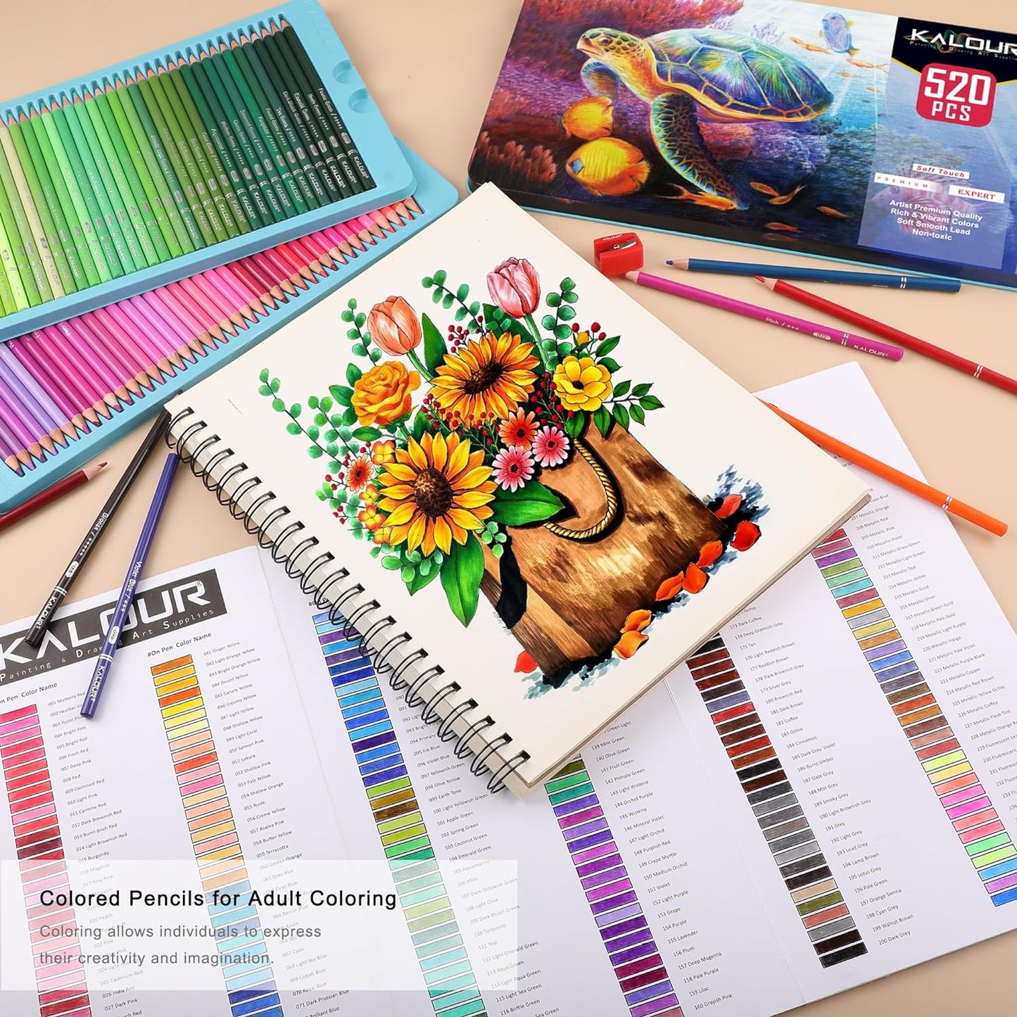 KALOUR Pro Colored Pencils,Set of 520 Colors,Artists Soft Core with Vibrant Color,Ideal for Drawing Sketching Shading,Coloring Pencils for Adults Artists Beginners