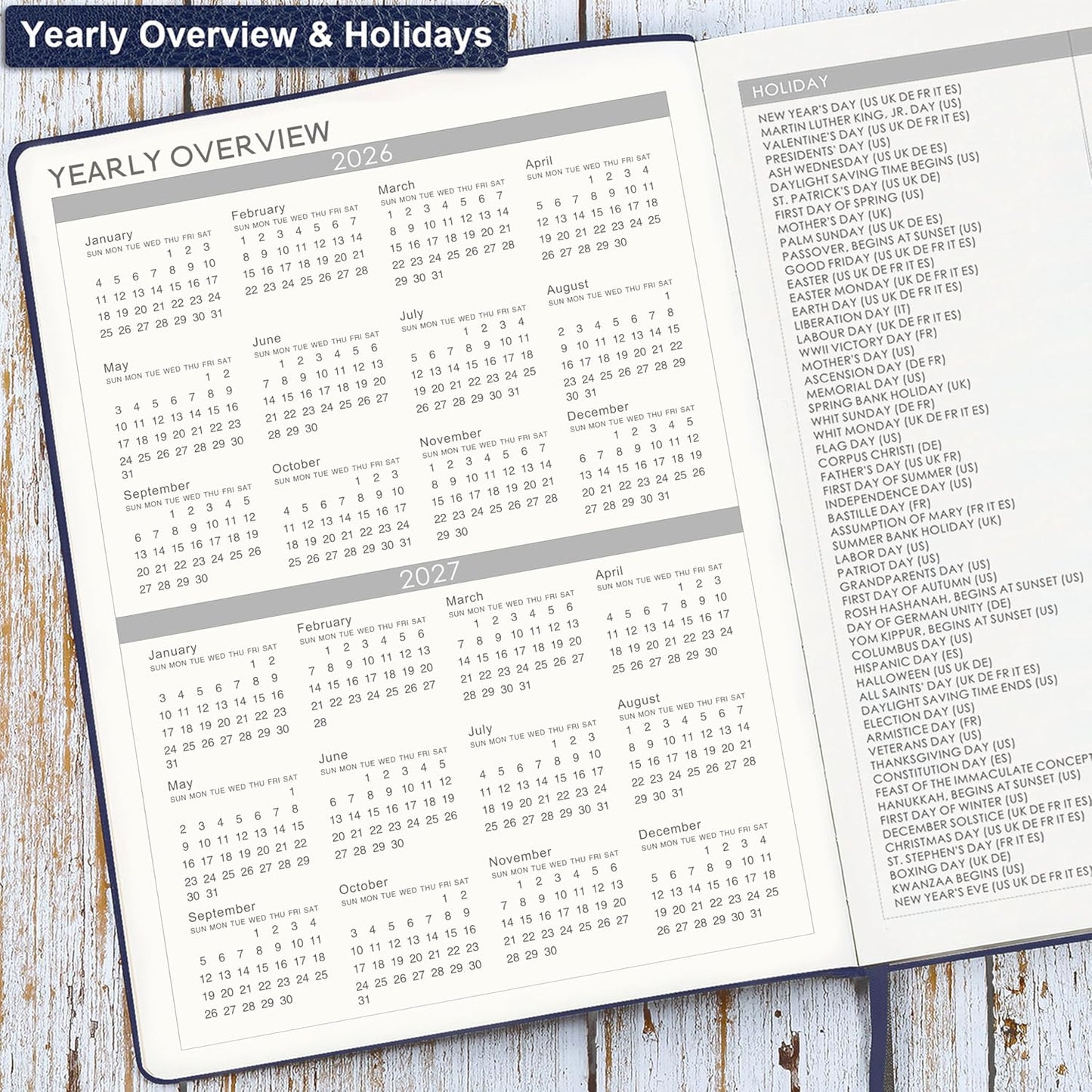 2026 Planner - Jan 2026 - Dec 2026, 2026 Planner Weekly and Monthly, 8.5" x 11", Pen Holder, Calendar Stickers, Pocket, 25 Notes Pages, Faux Leather Cover, A4 Premium Paper - Blue