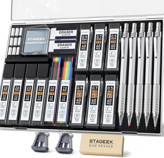 25PCS Art Mechanical Pencil Set, 3PCS Metal lead pencil 0.5, 0.7, 0.9, 2PCS 2mm Drawing Pencil (HB 2H 2B 4B Color) with 392PCS Graphite Leads, Eraser with Case for Drafting Drawing Writing