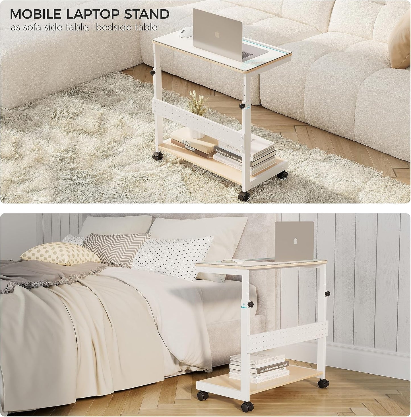 EUREKA ERGONOMIC PC Stand Computer Cart, Height Adjustable Tower Stand 2-Tier Suit for ATX Case Printer, Metal Rolling Cart on Wheels for Gaming Home Office, Maple